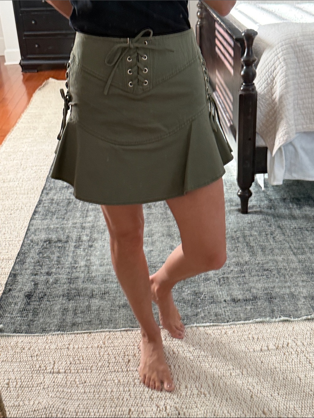 Marissa Webb Josie Cotton Canvas Military Green Olive Lace-Up A-Line Mini Skirt